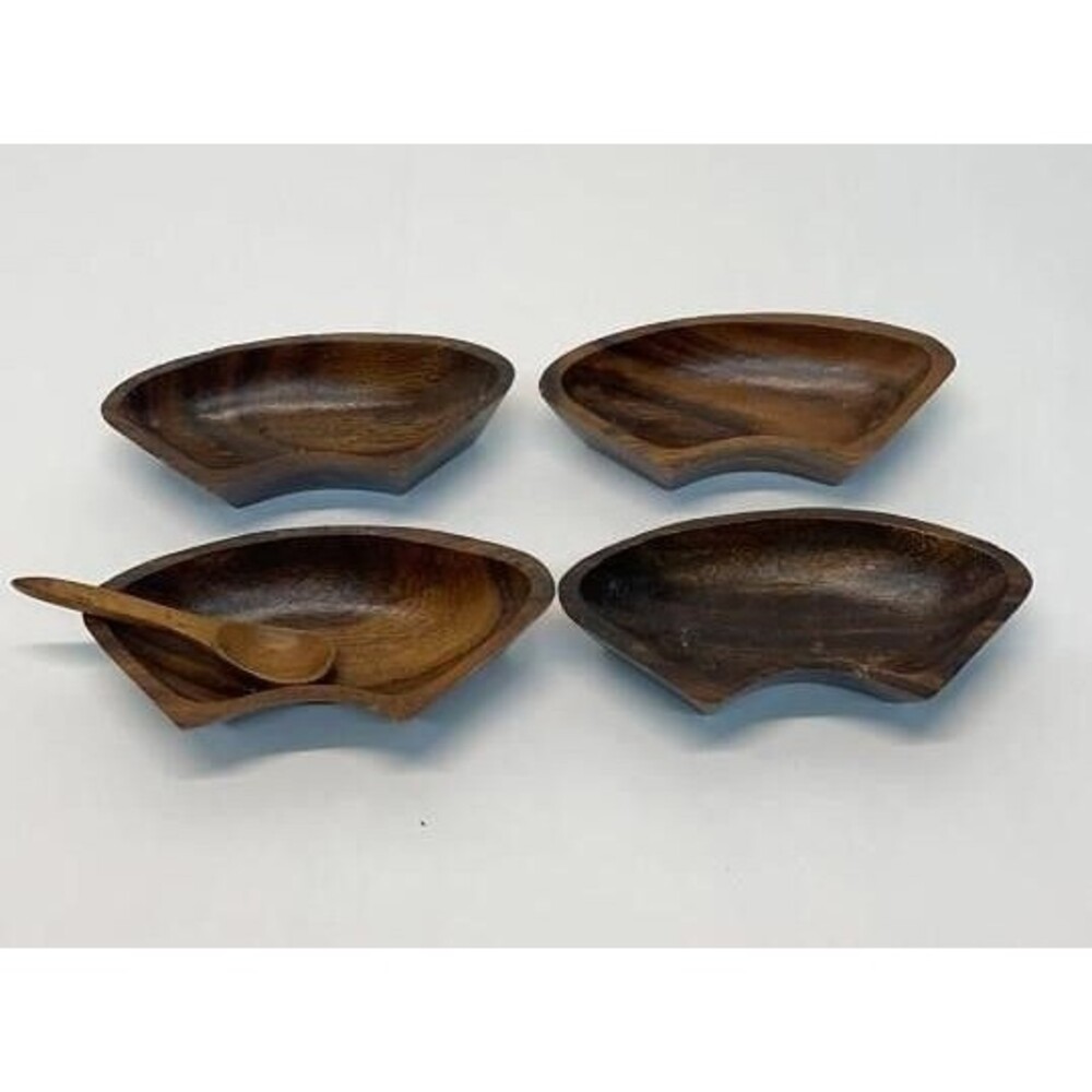 Vintage Mid Century Curved Wood Fan Bowls Set of 4 W Wooden Spoon Monkey Pod